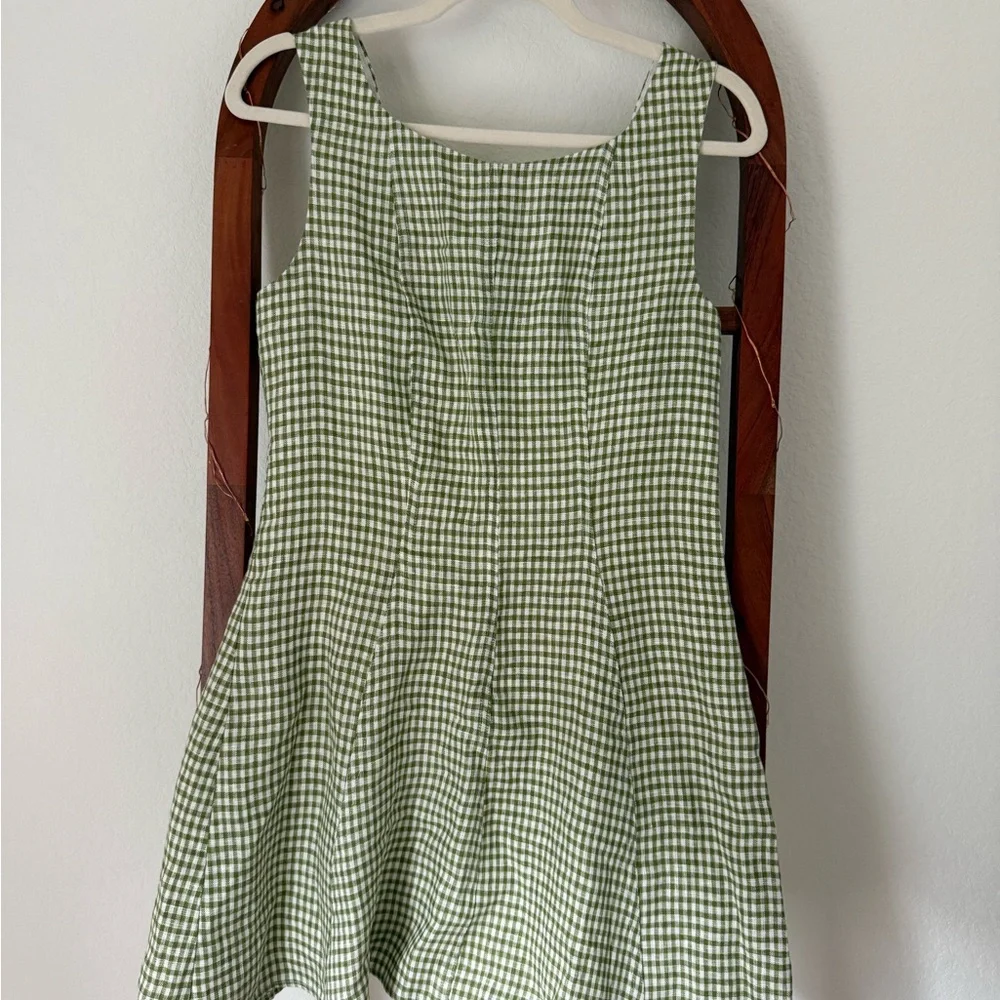 Reformation Amorette Linen Dress in Avocado Check - Picture 3 of 6